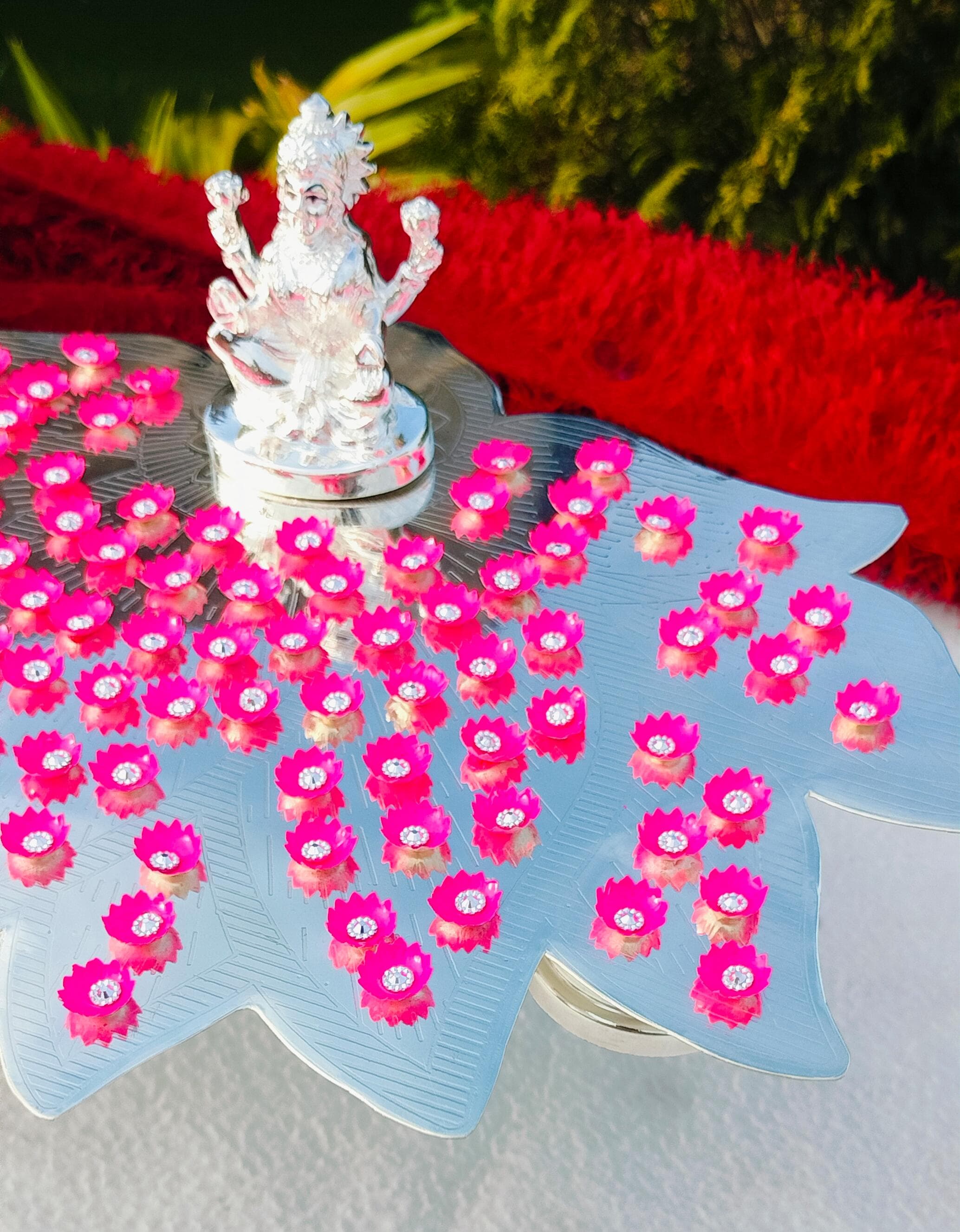 German silver lotus Ashtotram stand with 108 pink lotus flower with lakshmi idol
