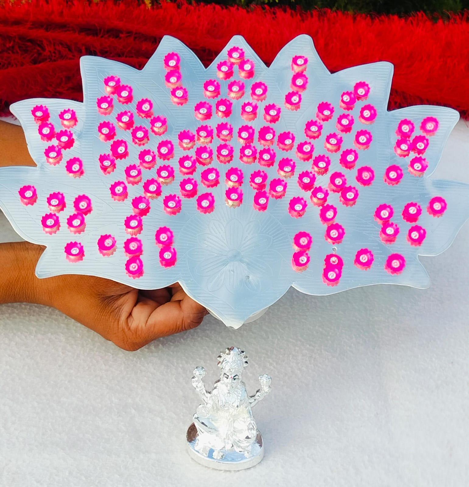 German silver lotus Ashtotram stand with 108 pink lotus flower with lakshmi idol