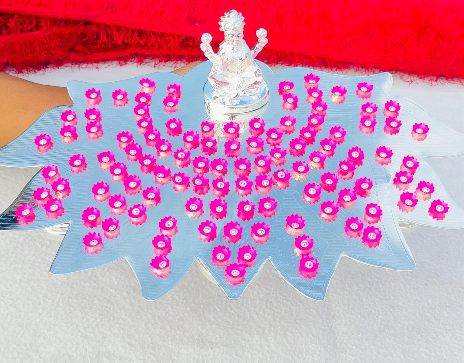 German silver lotus Ashtotram stand with 108 pink lotus flower with lakshmi idol