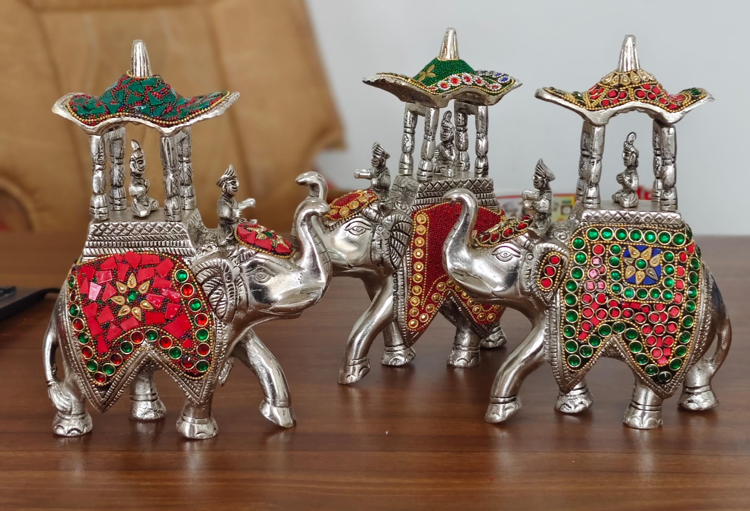 german silver set of 3 Ambari elephant set with stone work for home décor/ gift item