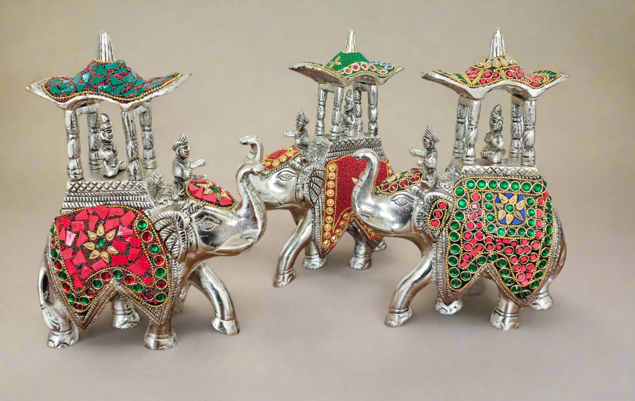 german silver set of 3 Ambari elephant set with stone work for home décor/ gift item