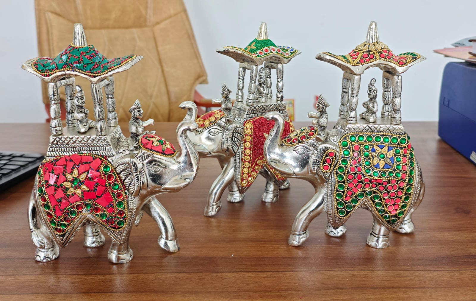 german silver set of 3 Ambari elephant set with stone work for home décor/ gift item