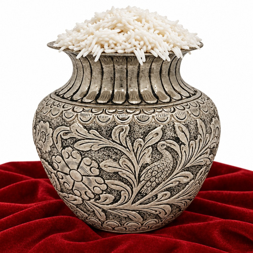 German Silver Fully Carved Nakashi Kalash – Antique Finish Pooja Décor