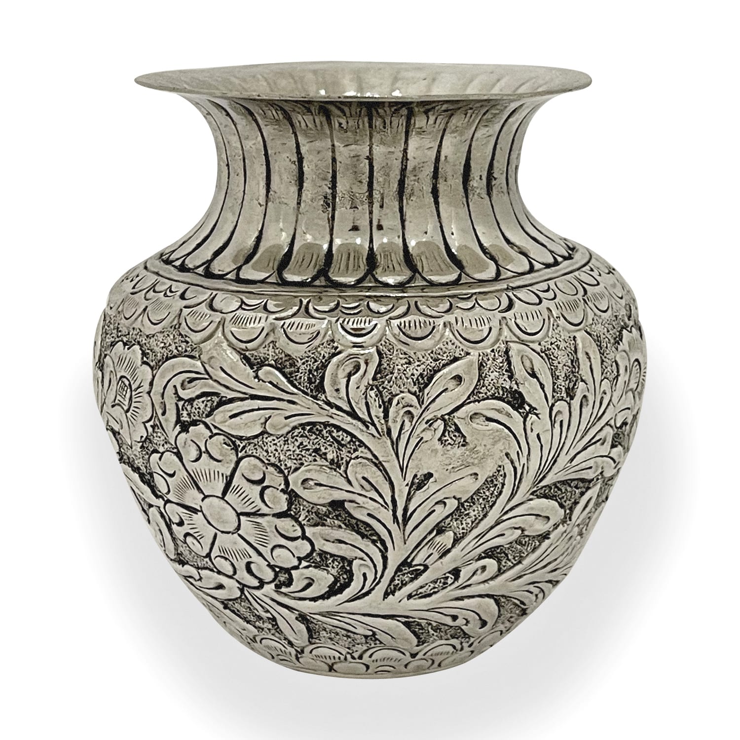 German Silver Fully Carved Nakashi Kalash – Antique Finish Pooja Décor
