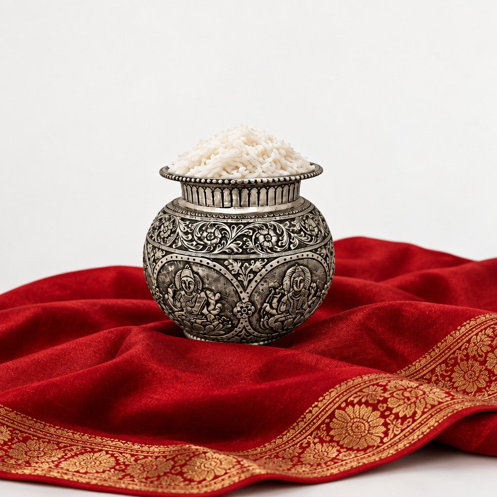 German Silver Astha Lakshmi Kalash – Antique Finish for Diwali & Housewarming Pooja