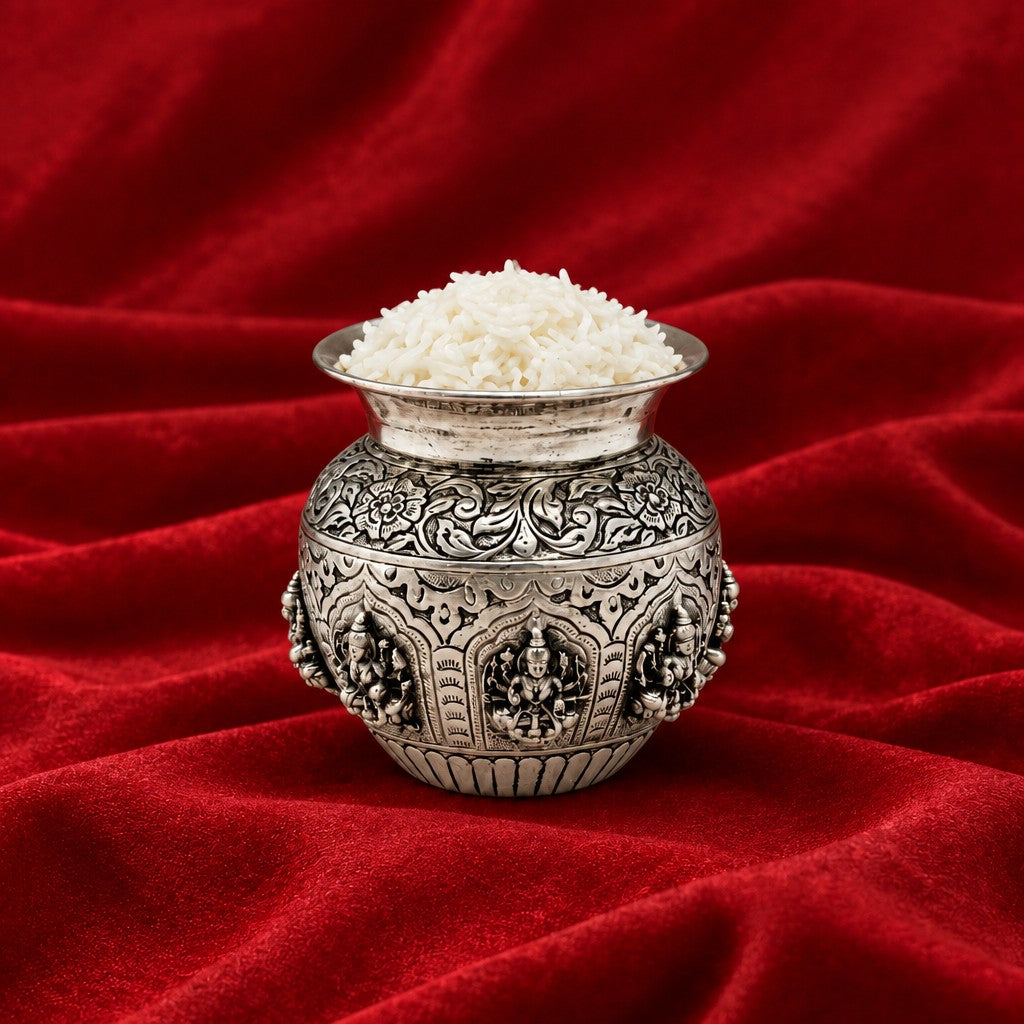 German Silver Astha Lakshmi Kalash – Antique Finish for Diwali & Housewarming Pooja, 5"