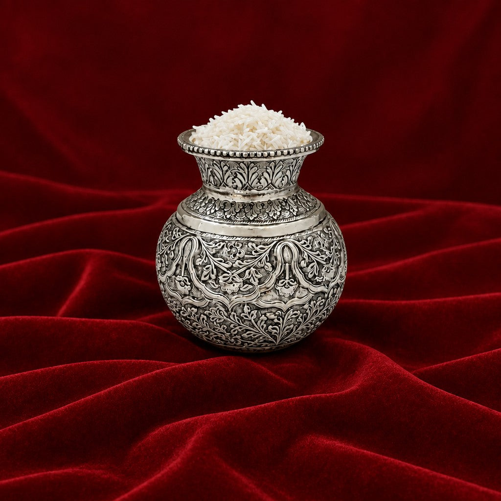 German Silver  nakashi Kalash – Antique Finish for Diwali & Housewarming Pooja