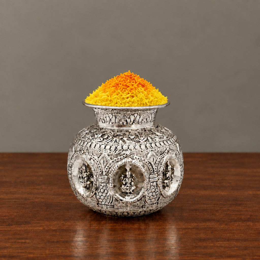 German Silver Astha Lakshmi Kalash 5" – Antique Finish for Diwali & Housewarming Pooja
