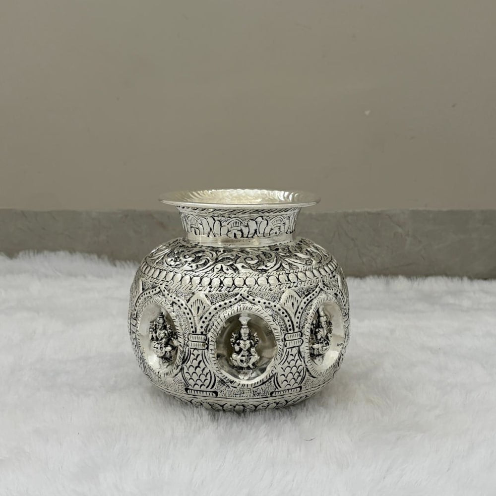 German Silver Astha Lakshmi Kalash 5" – Antique Finish for Diwali & Housewarming Pooja