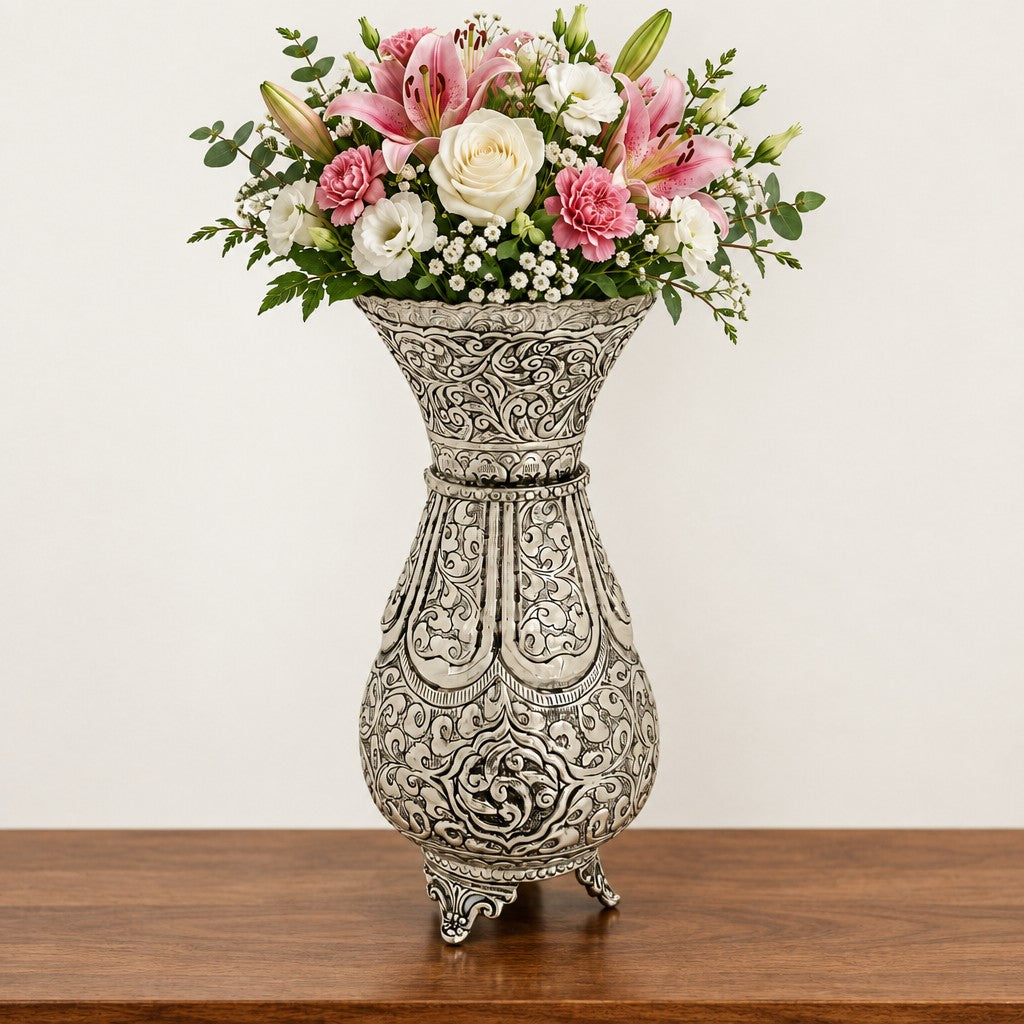 German Silver Fully Carved Flower Vase – Antique Finish for Gift & Home Décor