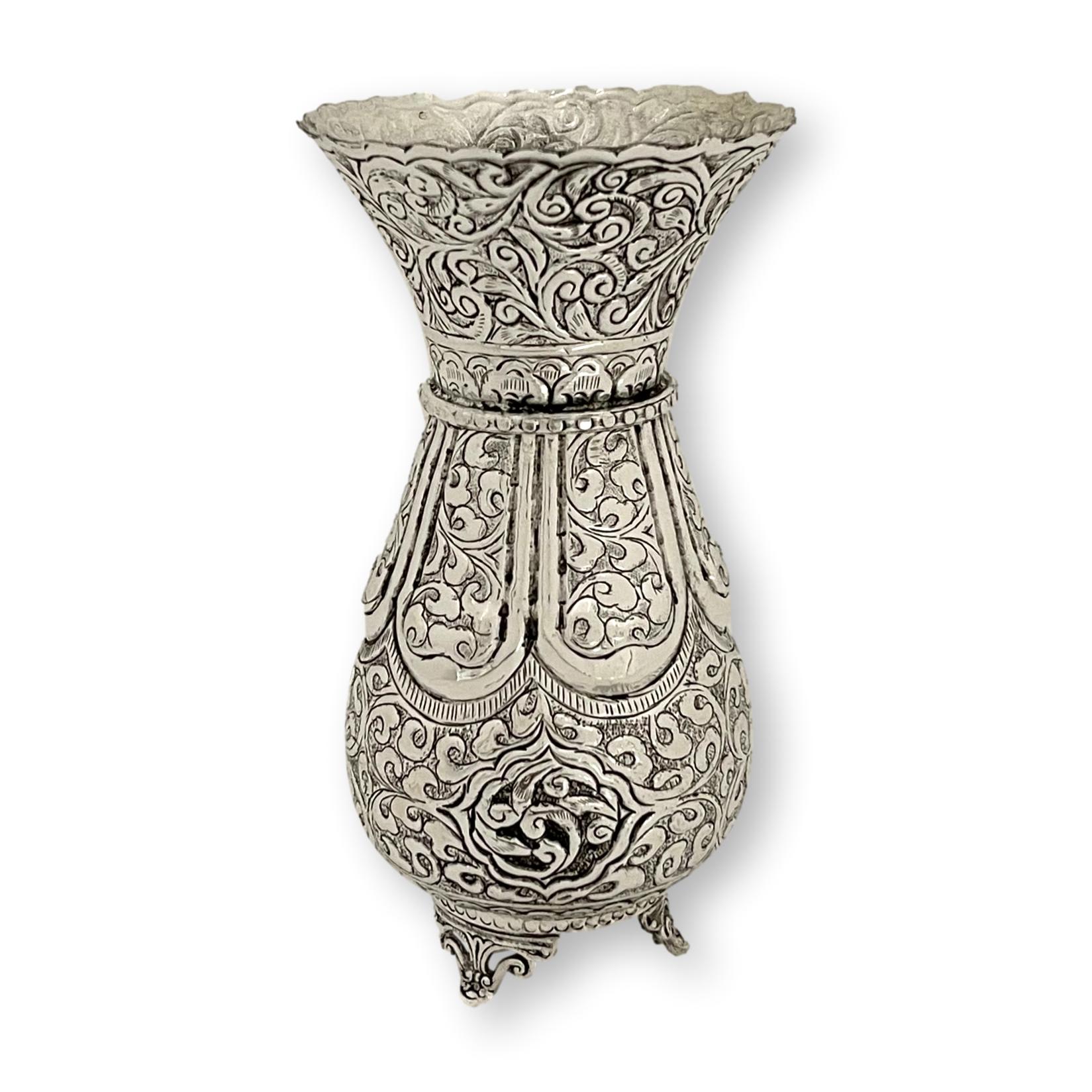 German Silver Fully Carved Flower Vase – Antique Finish for Gift & Home Décor