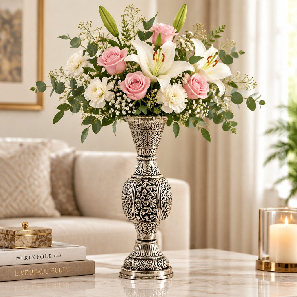 German Silver Flower Vase – Antique Finish for Gift & Home Décor, 11.5"