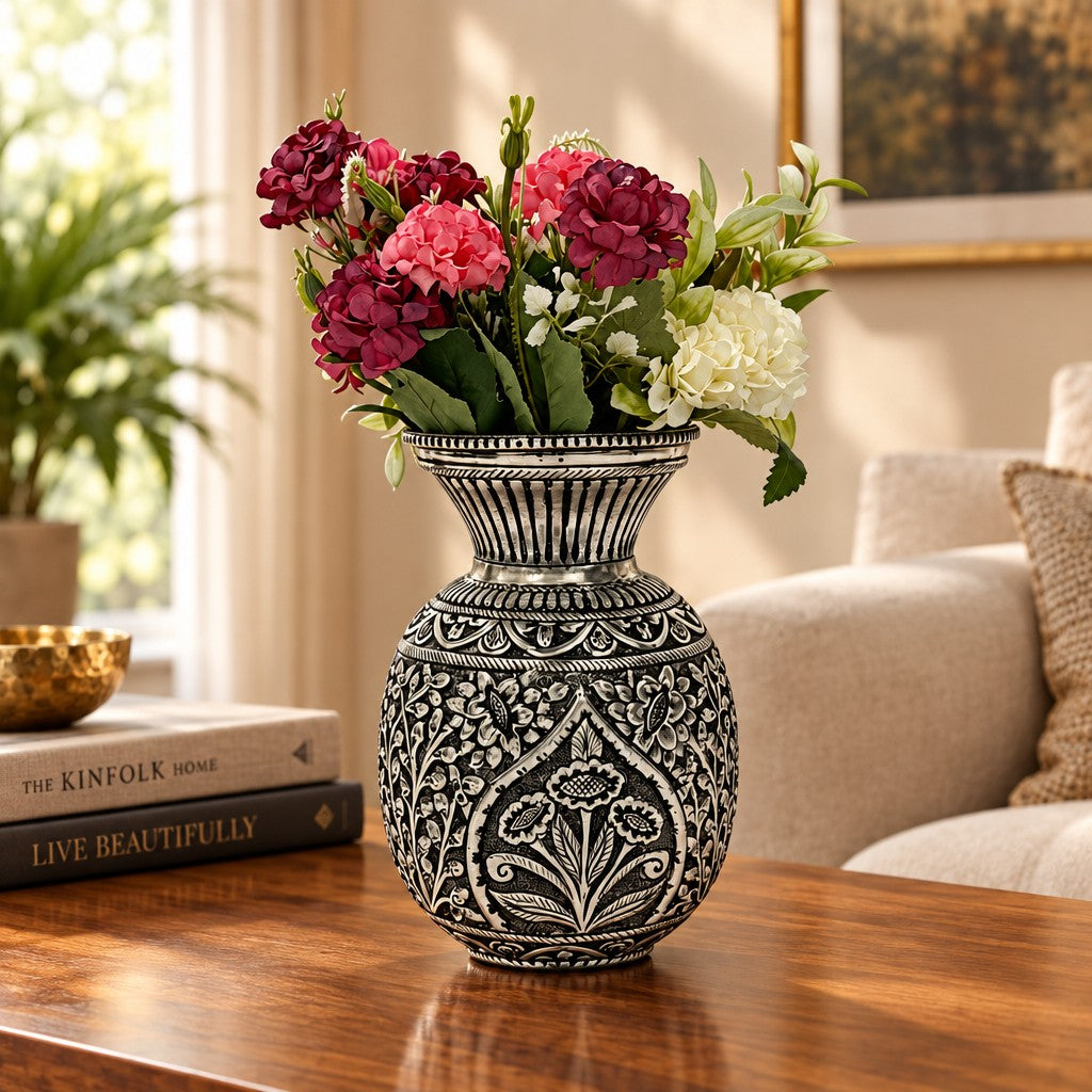 German Silver Fully Carved Vase – Antique Finish for Home Décor & Gifting