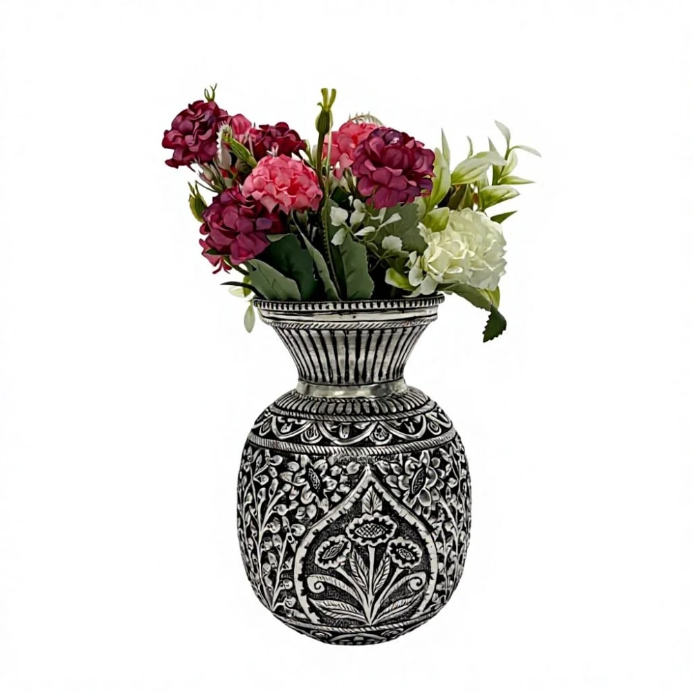 German Silver Fully Carved Vase – Antique Finish for Home Décor & Gifting