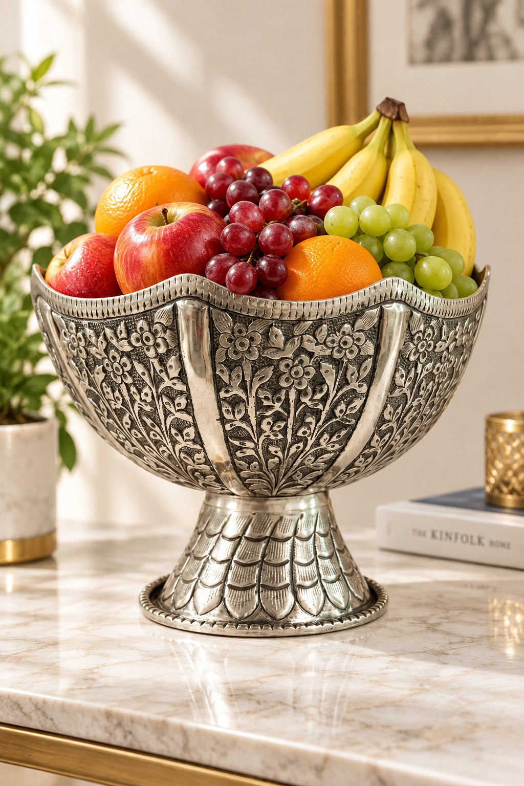 German Silver Fully Carved Fruit & Snacks Bowl with Stand – Elegant Diwali Home Décor & Gift Item
