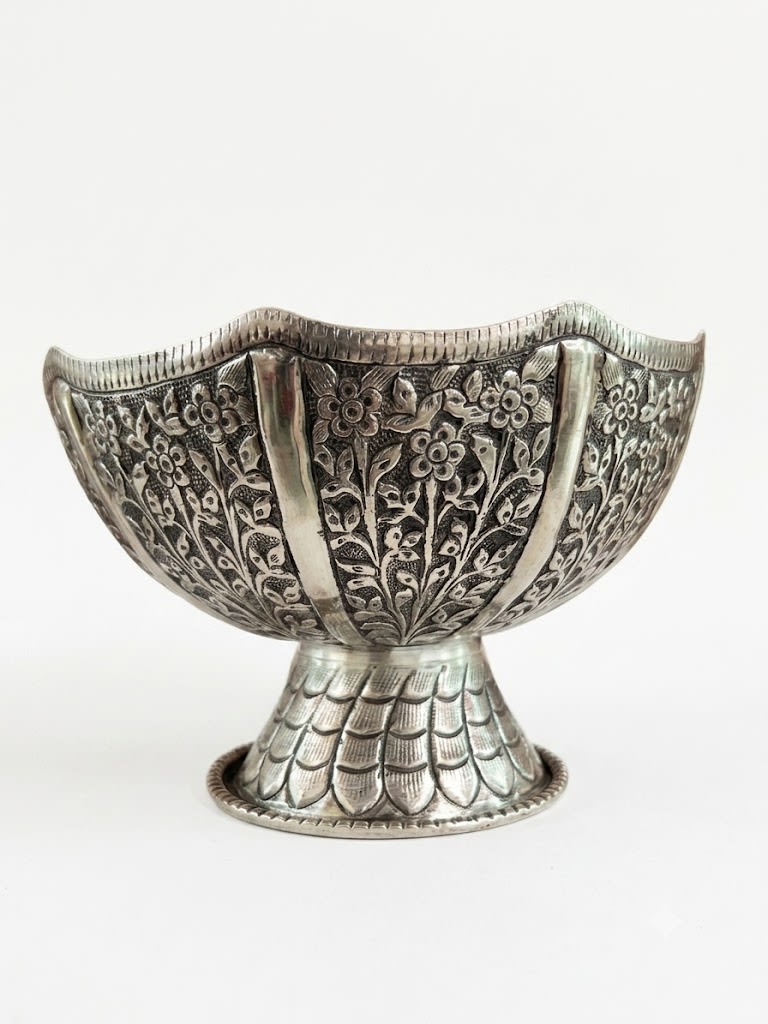 German Silver Fully Carved Fruit & Snacks Bowl with Stand – Elegant Diwali Home Décor & Gift Item
