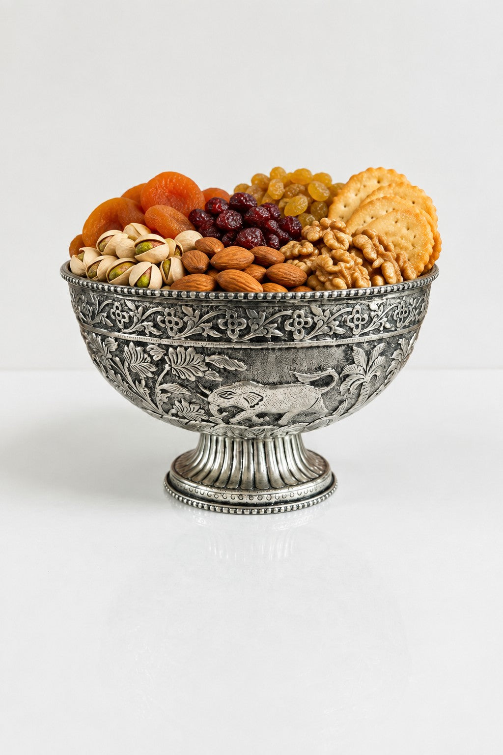 German Silver animal Carved Fruit & Snacks Bowl with Stand – Elegant Diwali Home Décor & Gift Item