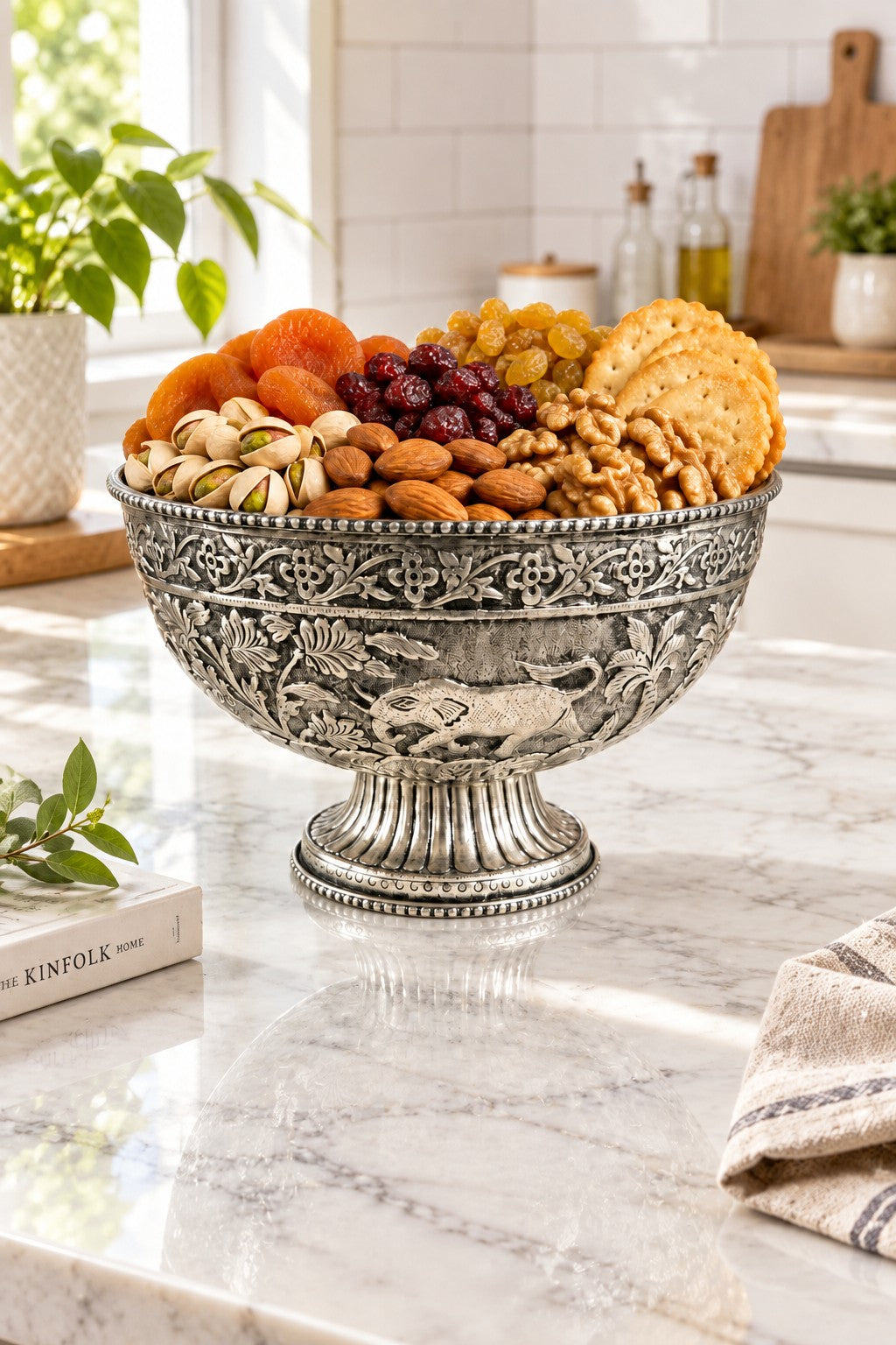 German Silver animal Carved Fruit & Snacks Bowl with Stand – Elegant Diwali Home Décor & Gift Item