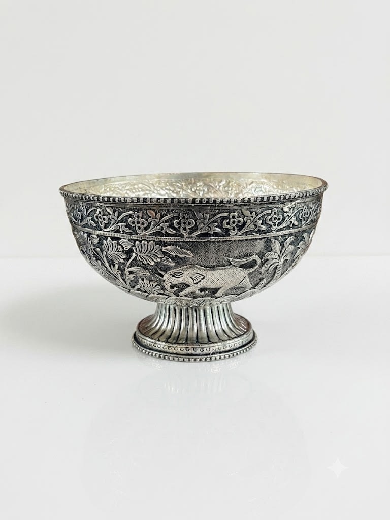 German Silver animal Carved Fruit & Snacks Bowl with Stand – Elegant Diwali Home Décor & Gift Item