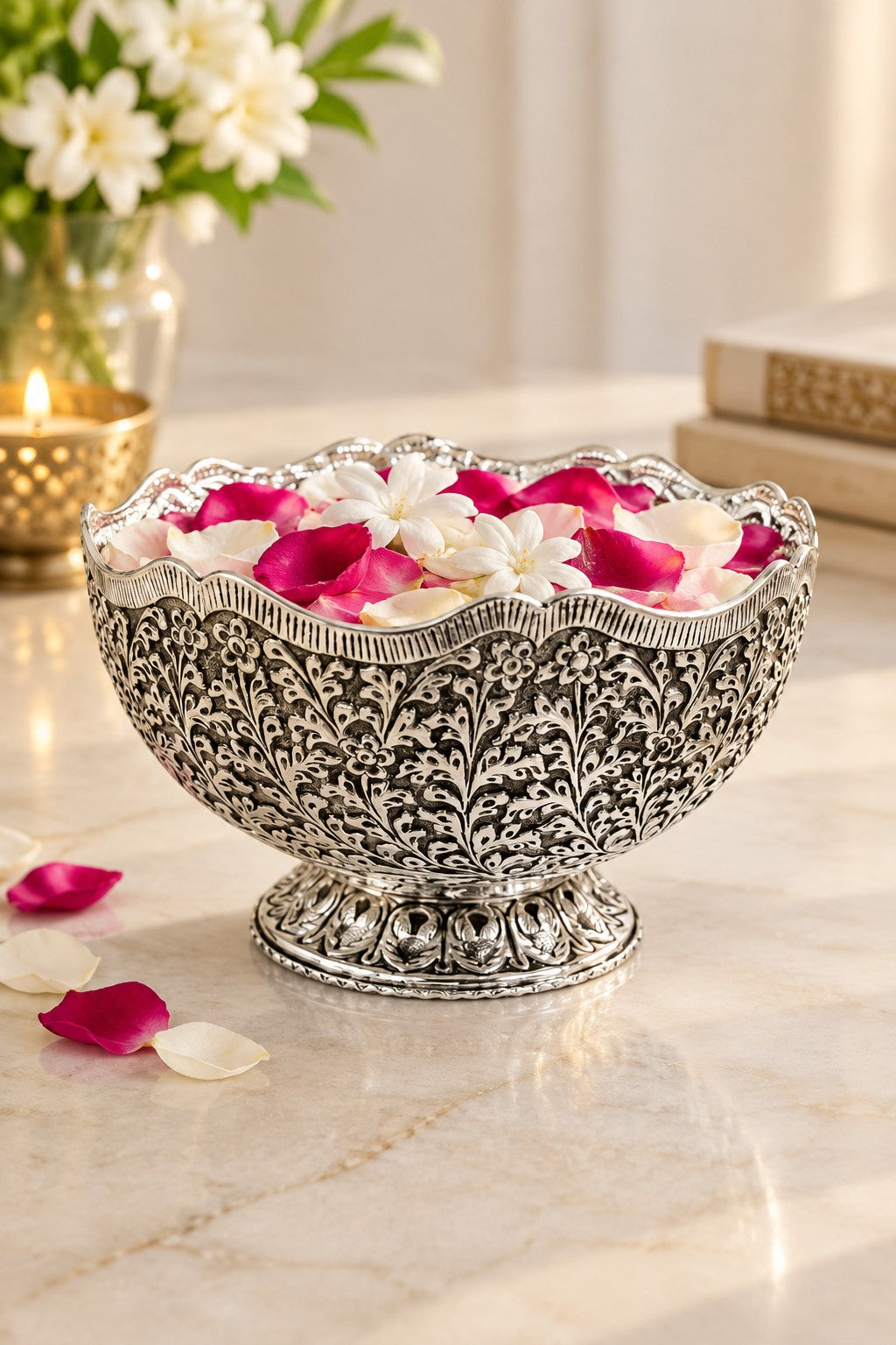 German Silver royal big Fruit & Snacks Bowl with Stand – Elegant Diwali Home Décor & Gift Item