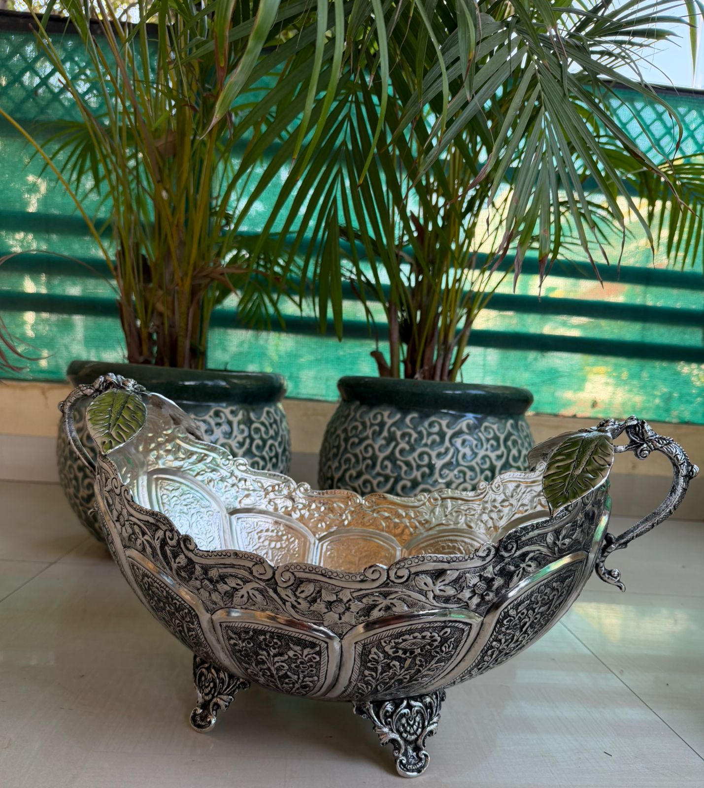 German Silver Antique Finish Fruit Bowl with Handles – Elegant Diwali Décor & Gifting