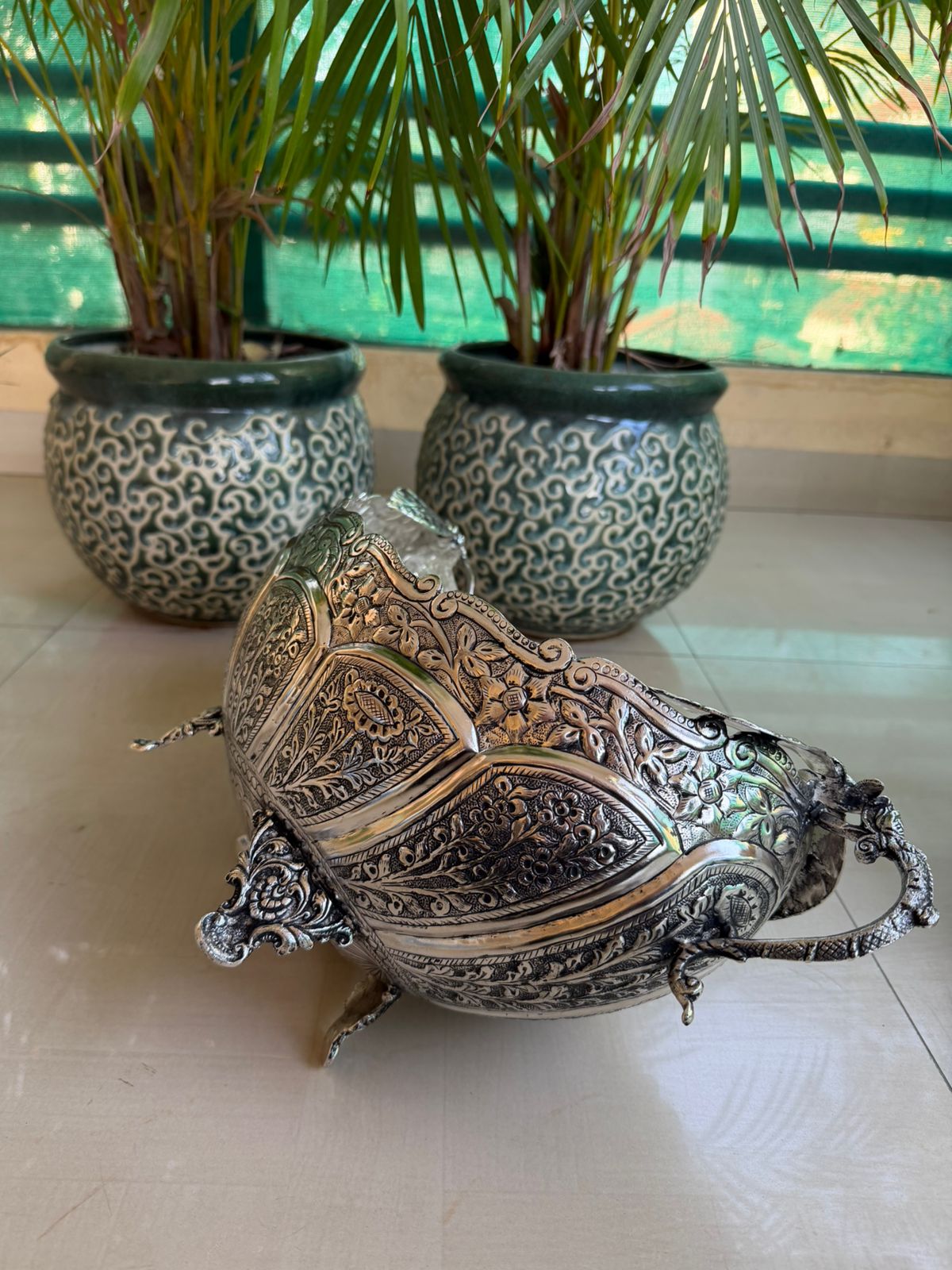 German Silver Antique Finish Fruit Bowl with Handles – Elegant Diwali Décor & Gifting