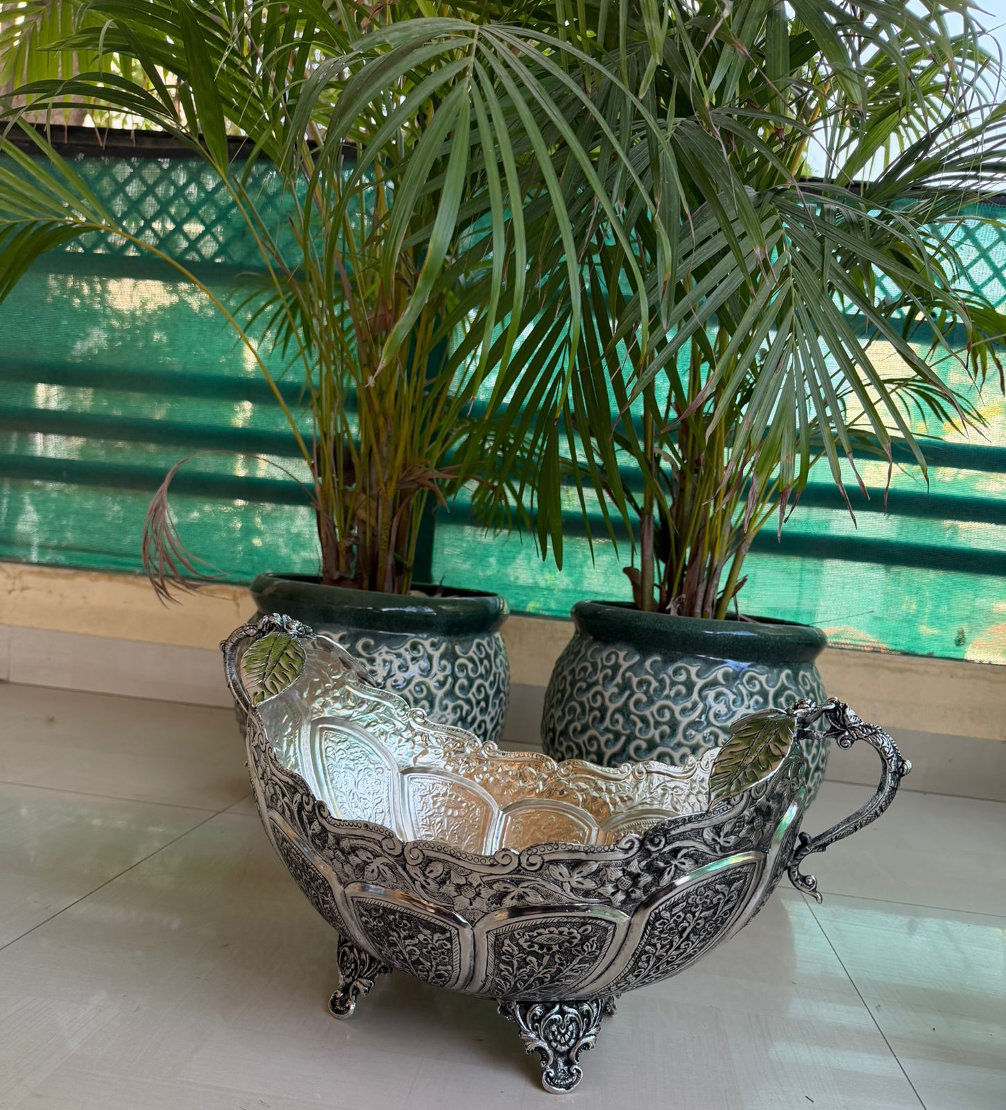 German Silver Antique Finish Fruit Bowl with Handles – Elegant Diwali Décor & Gifting