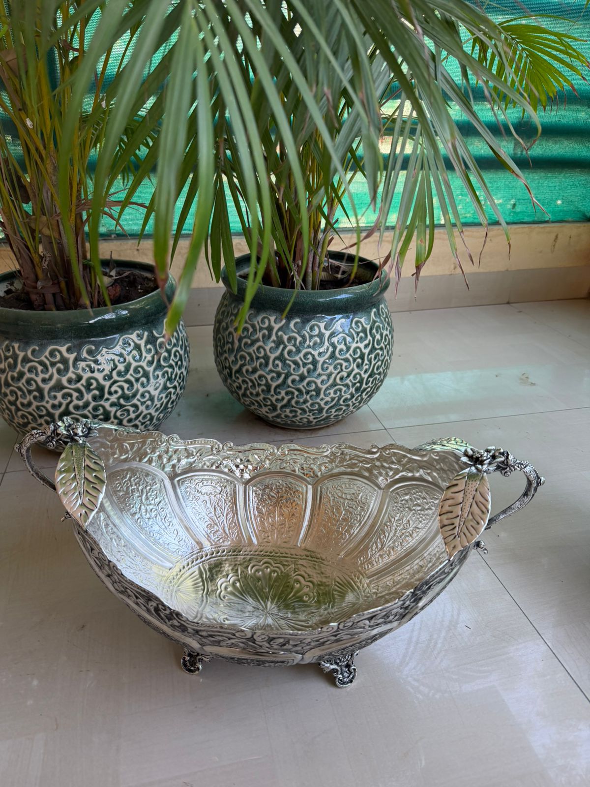 German Silver Antique Finish Fruit Bowl with Handles – Elegant Diwali Décor & Gifting