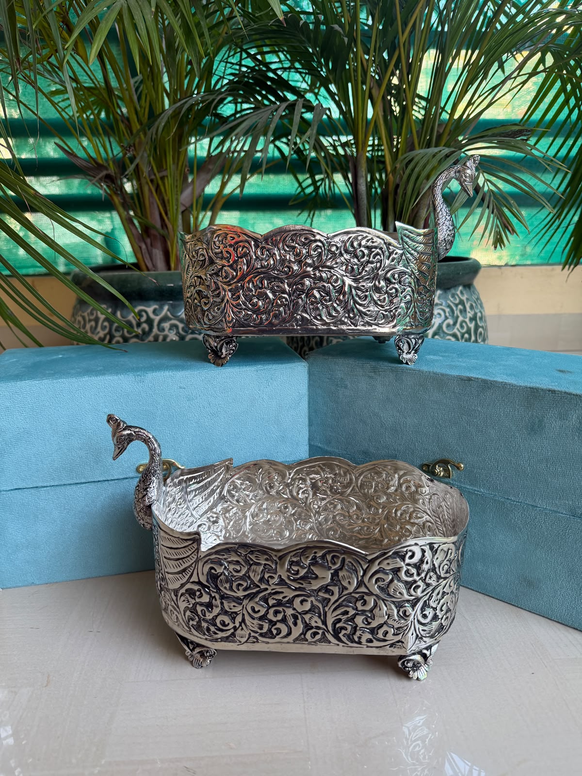 German Silver Swan Bowl with Velvet Box – Diwali Décor, Snacks, Fruits & Flowers Gift Item