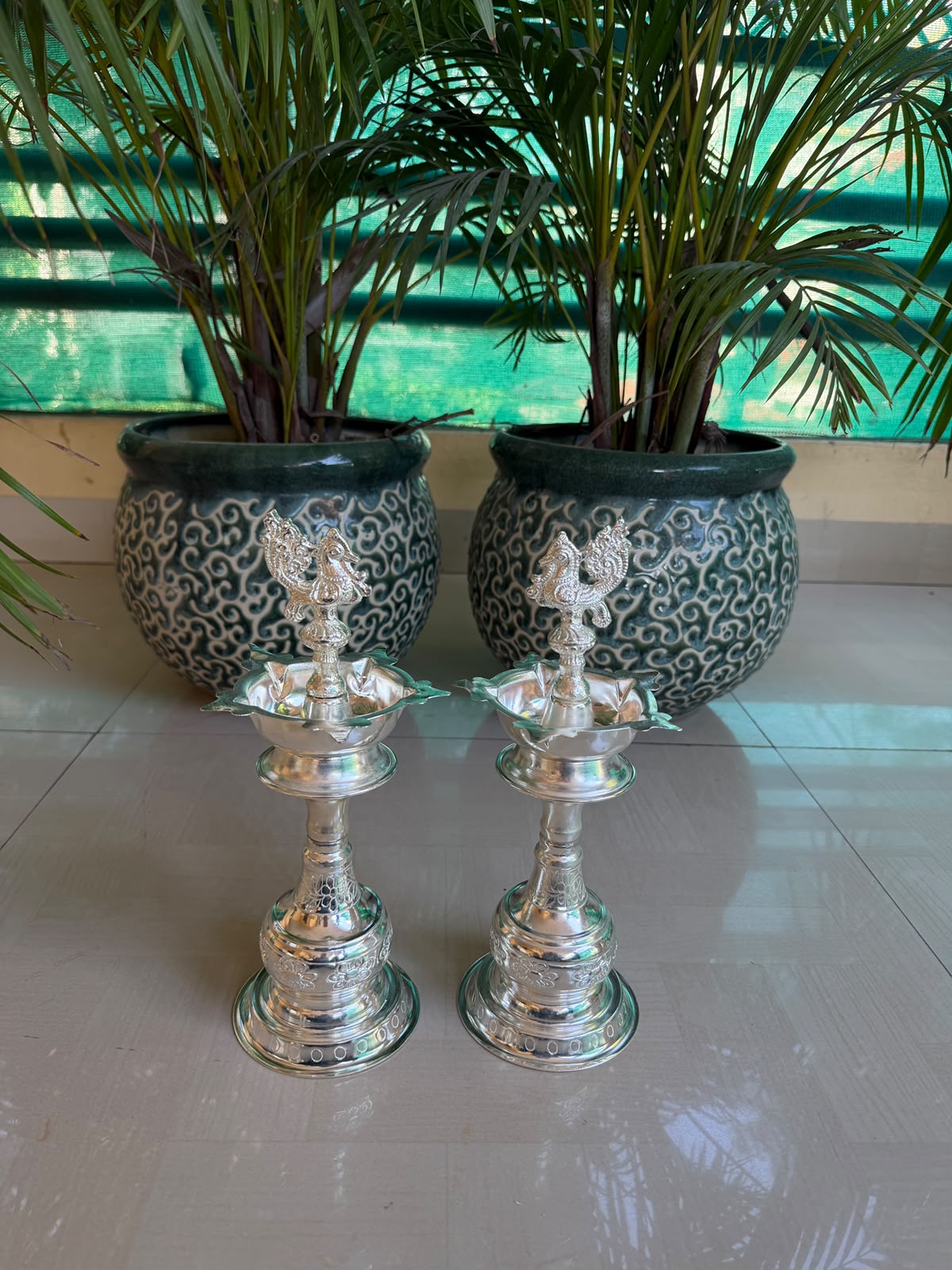 German Silver Peacock Diya 12" – Diwali & Housewarming Pooja Décor
