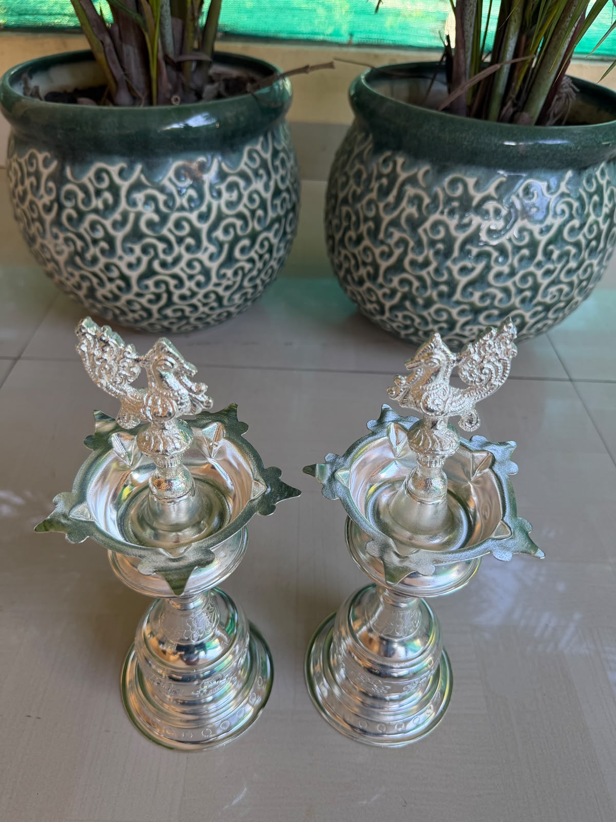 German Silver Peacock Diya 12" – Diwali & Housewarming Pooja Décor