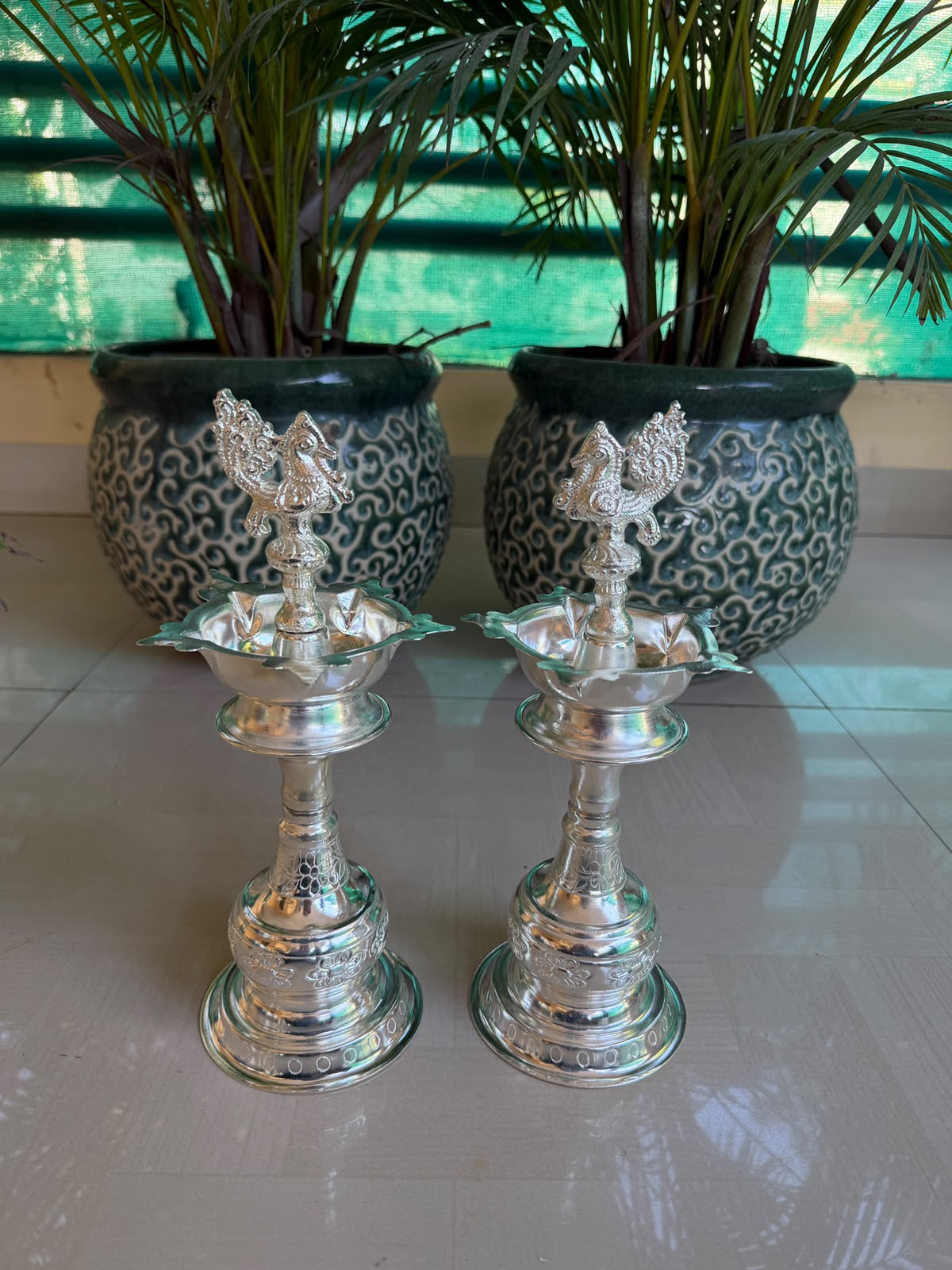 German Silver Peacock Diya 12" – Diwali & Housewarming Pooja Décor
