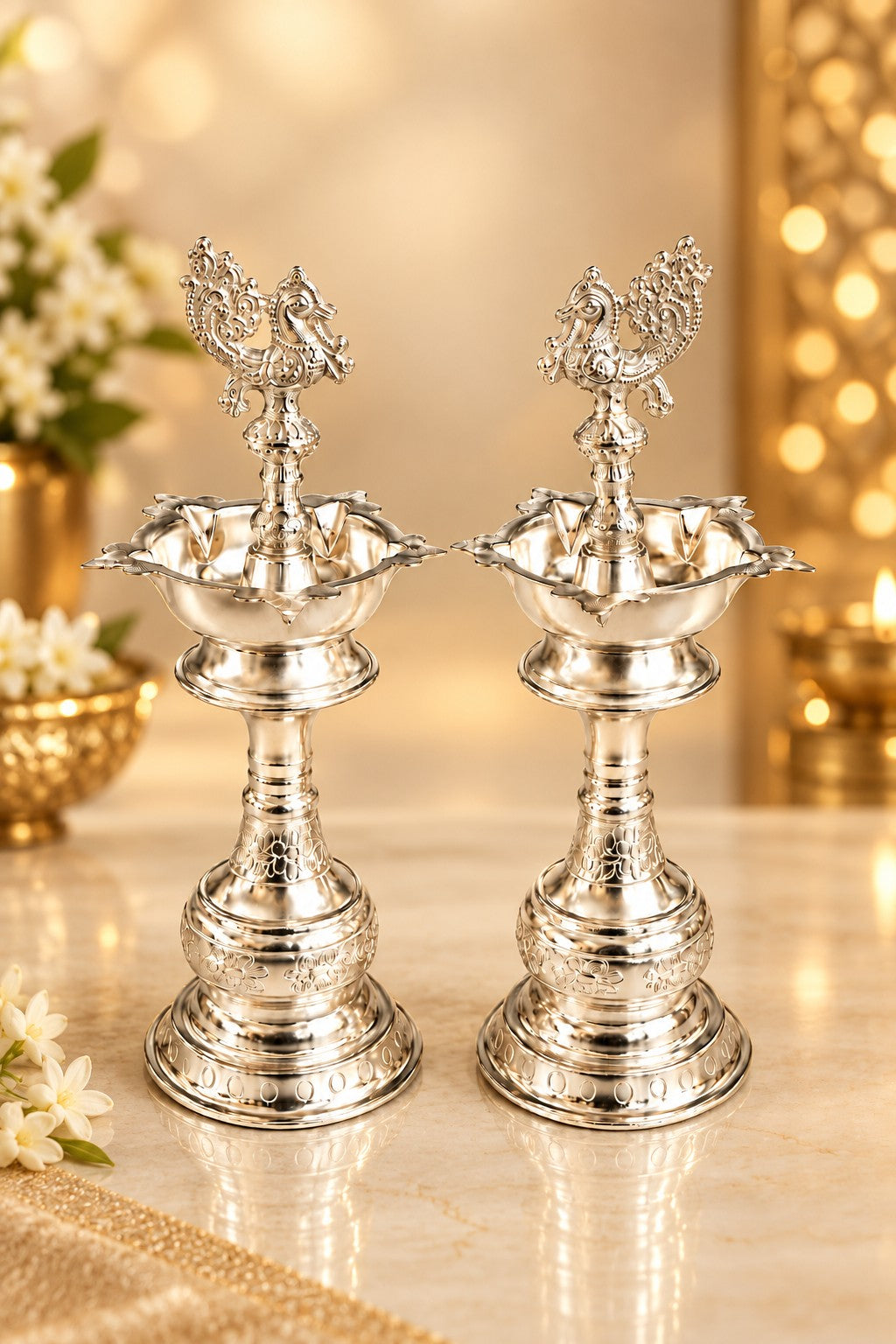 German Silver Peacock Diya 12" – Diwali & Housewarming Pooja Décor