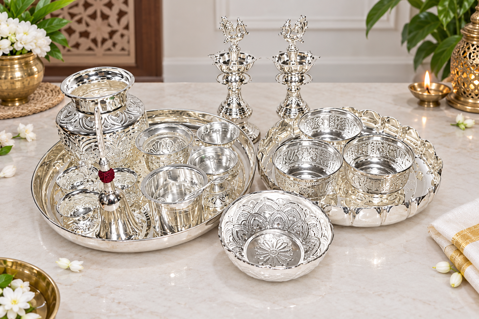German Silver Big Pooja Thali Set for Diwali & Housewarming Pooja 17 pieces set
