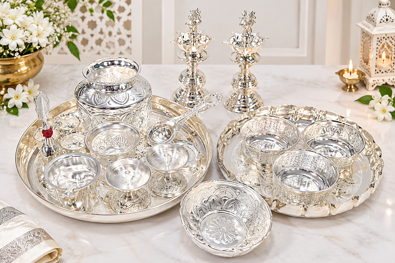 German Silver Big Pooja Thali Set for Diwali & Housewarming Pooja 17 pieces set