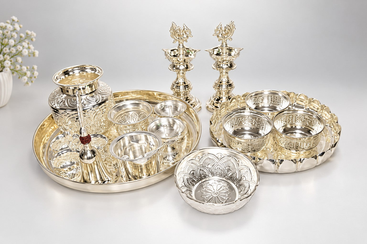 German Silver Big Pooja Thali Set for Diwali & Housewarming Pooja 17 pieces set