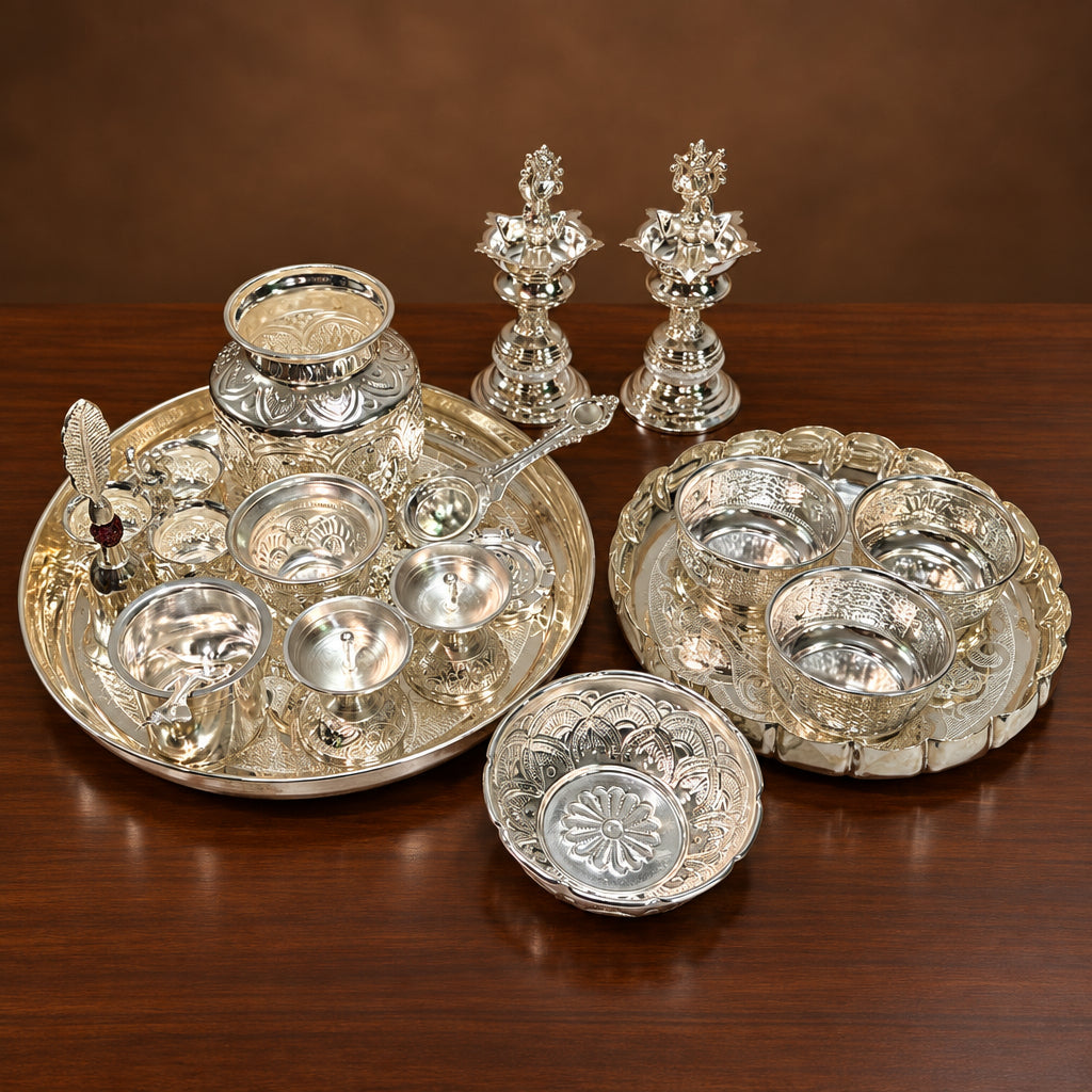 German Silver Big Pooja Thali Set for Diwali & Housewarming Pooja 17 pieces set