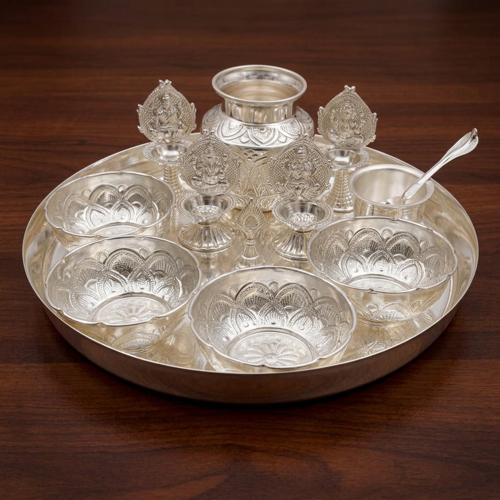German Silver Big Plate Pooja Thali Set – 11 Pieces for diwali/ housewarming pooja