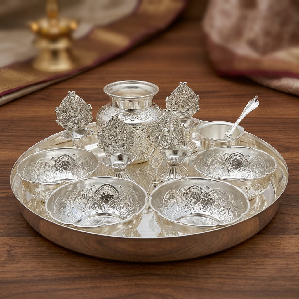 German Silver Big Plate Pooja Thali Set – 11 Pieces for diwali/ housewarming pooja