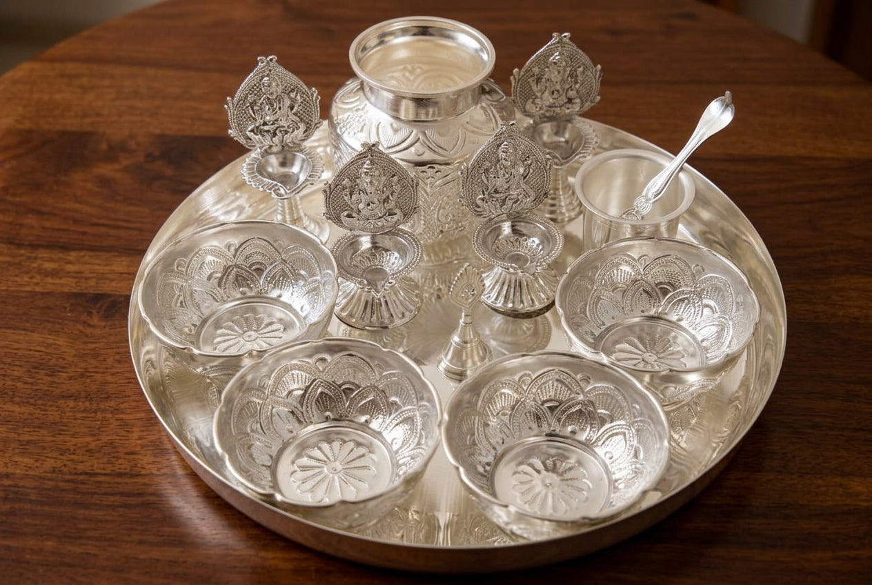 German Silver Big Plate Pooja Thali Set – 11 Pieces for diwali/ housewarming pooja