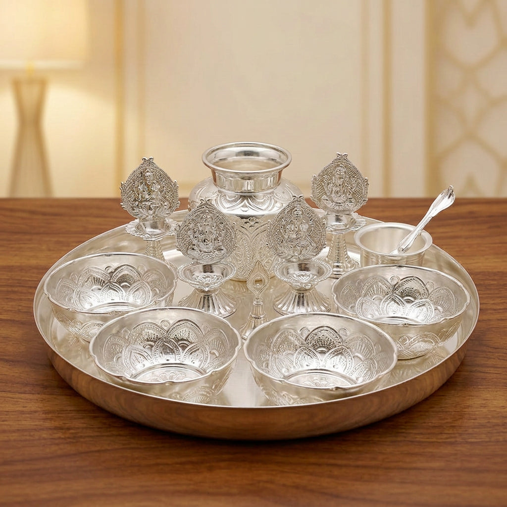 German Silver Big Plate Pooja Thali Set – 11 Pieces for diwali/ housewarming pooja