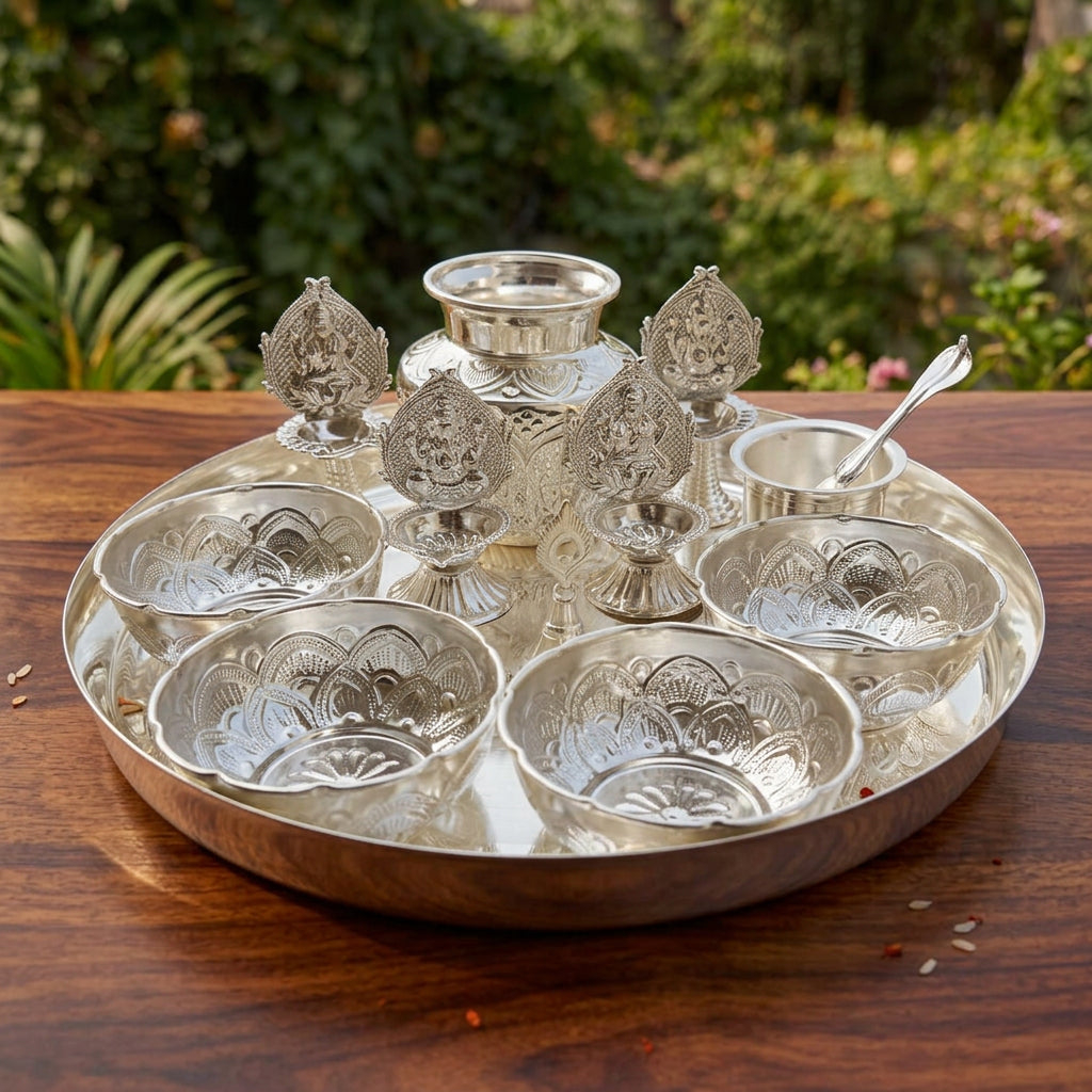 German Silver Big Plate Pooja Thali Set – 11 Pieces for diwali/ housewarming pooja