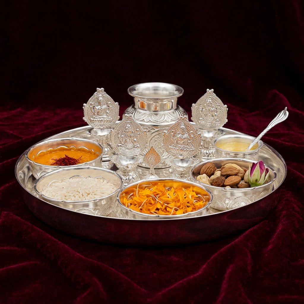 German Silver Big Plate Pooja Thali Set – 11 Pieces for diwali/ housewarming pooja