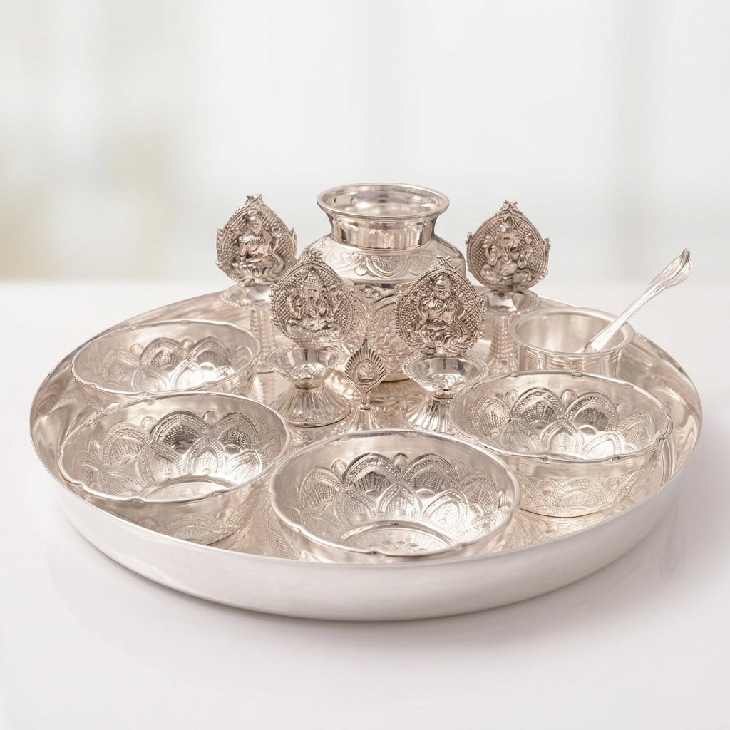 German Silver Big Plate Pooja Thali Set – 11 Pieces for diwali/ housewarming pooja
