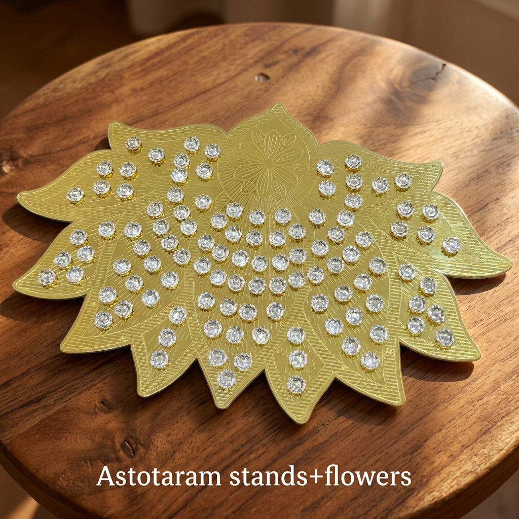 german silver lotus golden stand with silver 108 flowers for housewarming pooja / diwali pooja