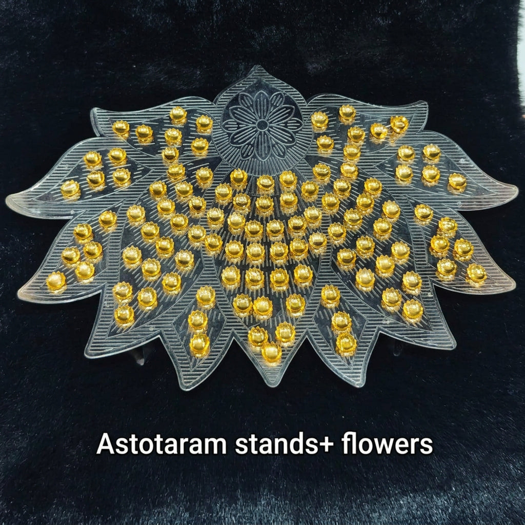 german silver lotus silver stand with golden 108 flowers for housewarming pooja / diwali pooja