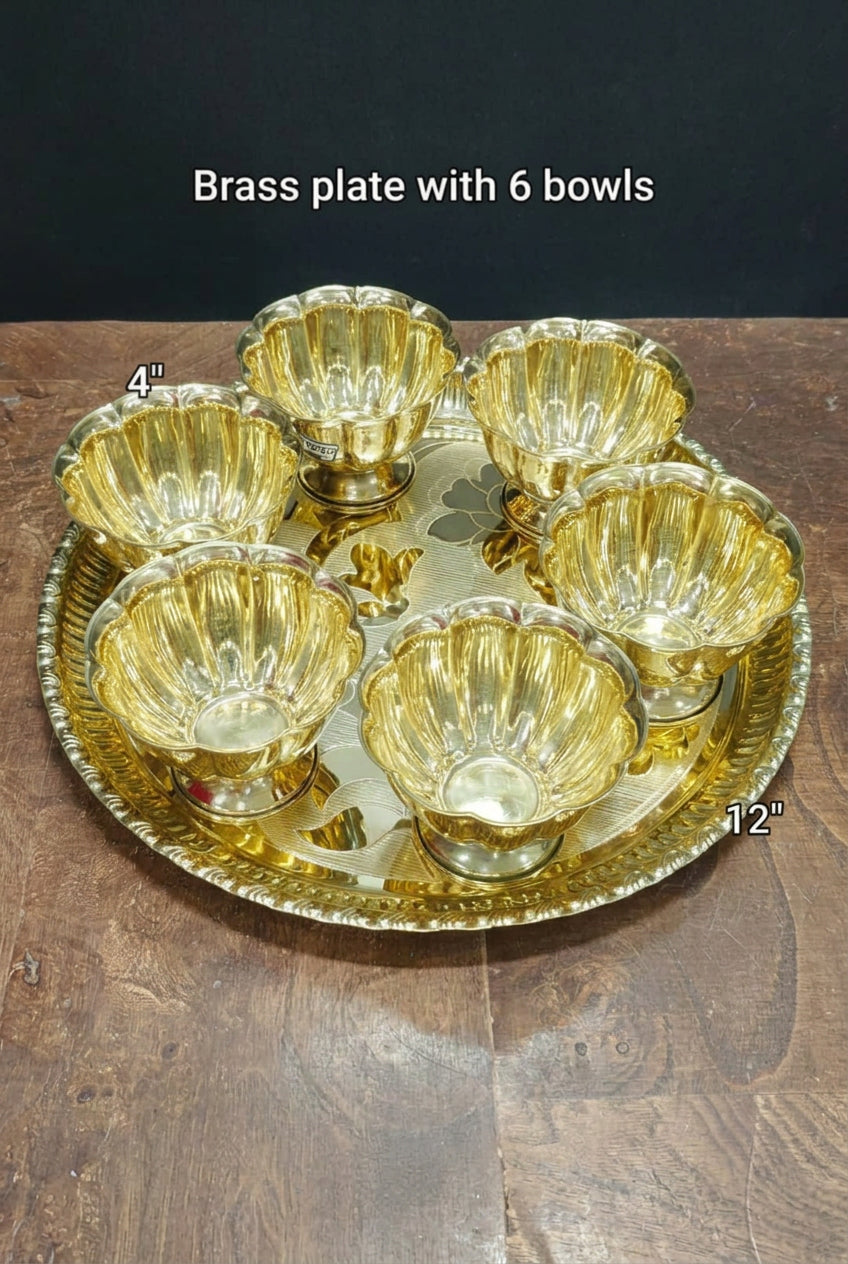 brass fully carved light weighted tray with 6 bowls for prasad/ sweets/gift item
