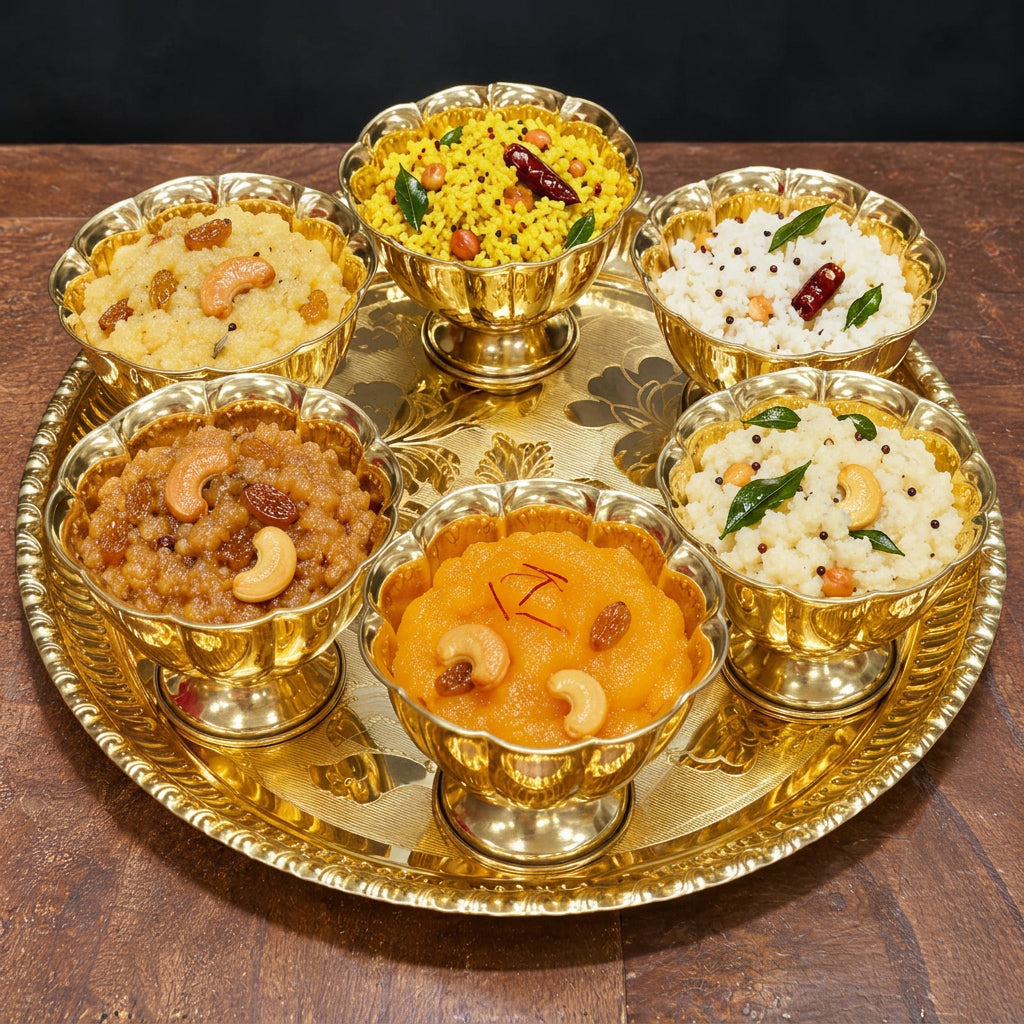brass fully carved light weighted tray with 6 bowls for prasad/ sweets/gift item