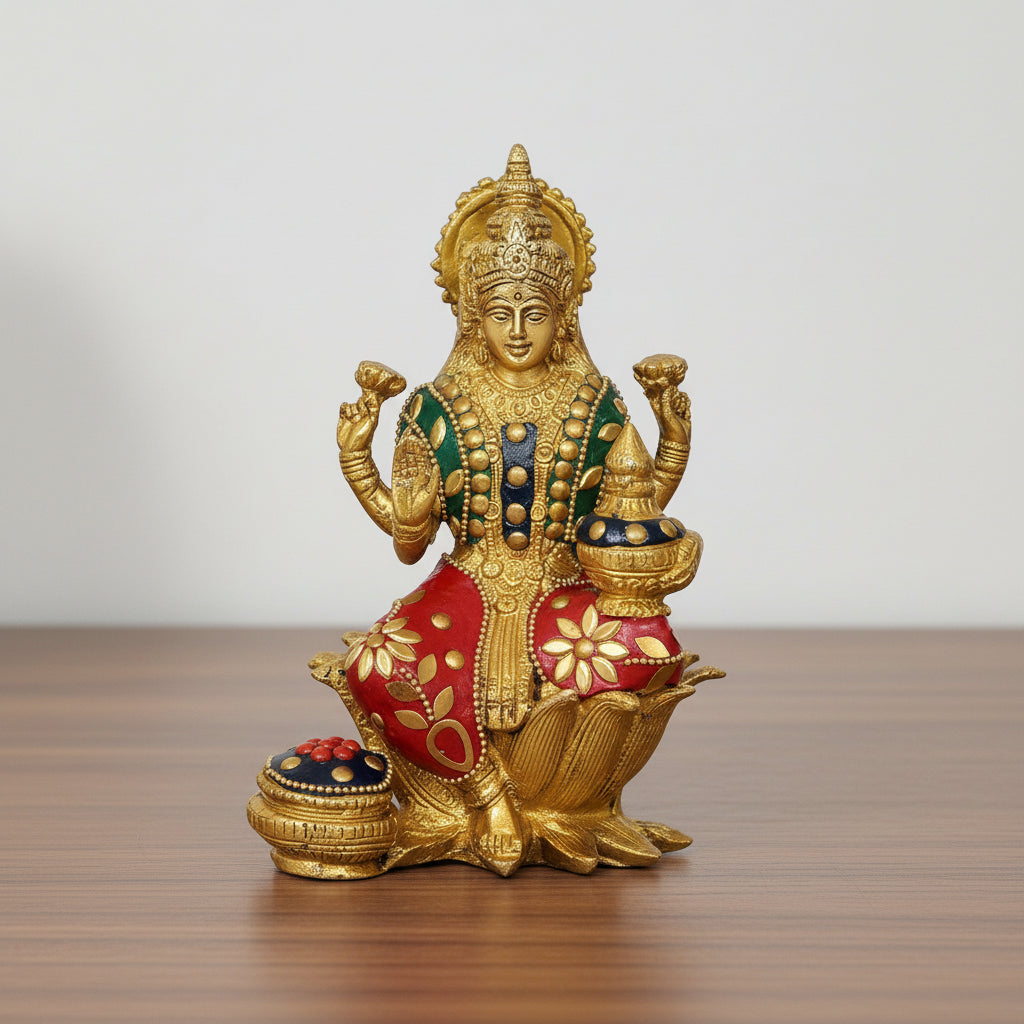 Brass Lakshmi Statue with Stonework – Divine Décor for Home & Office Temple