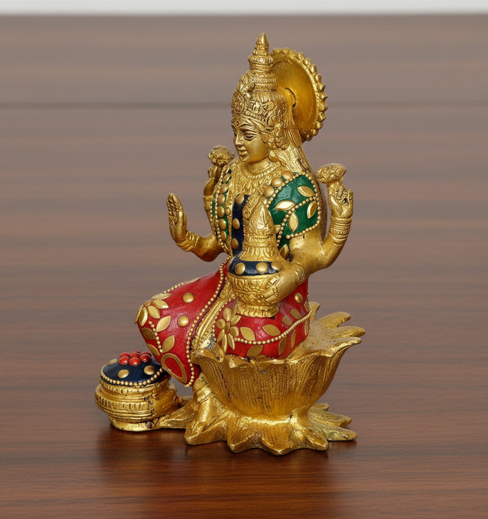 Brass Lakshmi Statue with Stonework – Divine Décor for Home & Office Temple